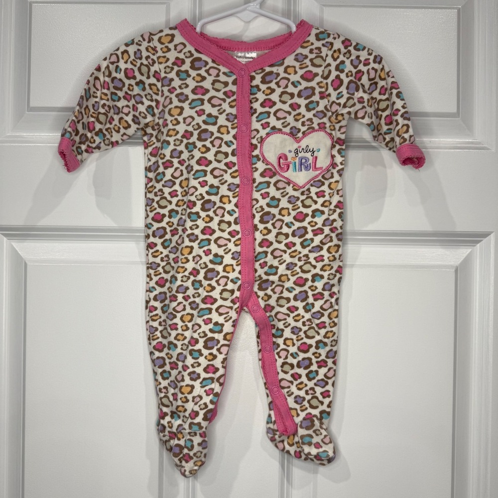 Baby Girl Leopard‎ Print Footed Pajamas Sleepers Snaps Pink Trim Size 3-6 Months